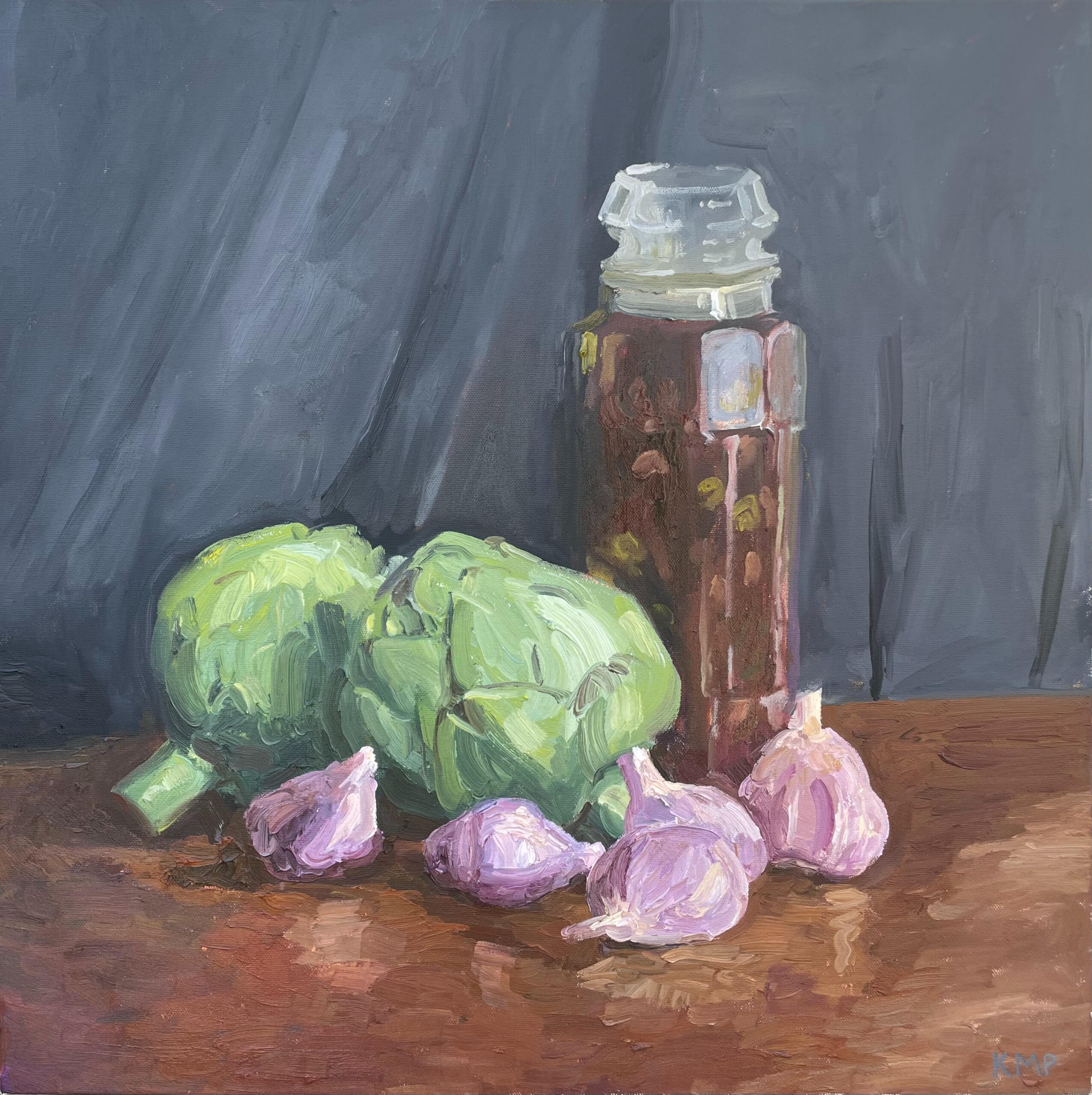 Artichokes, garlic and olives Italian painting