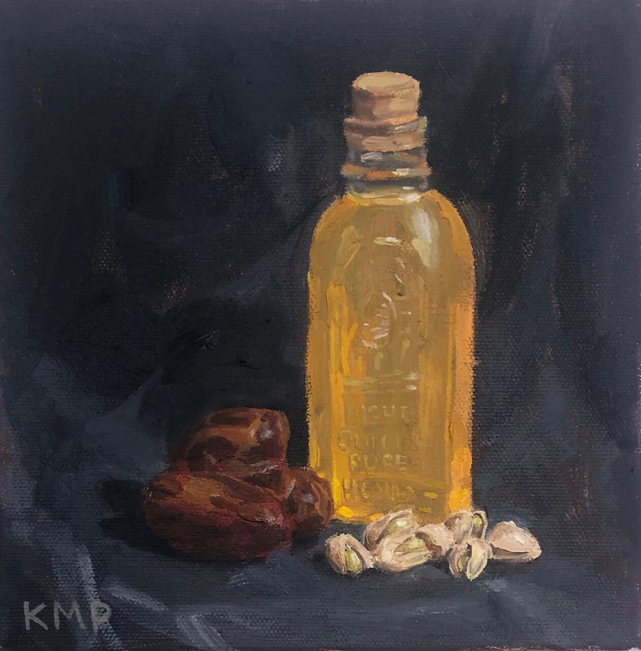 Dark, small still life oil on canvas of fruit and nuts for kitchen